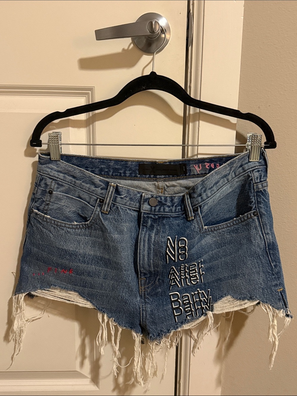 ALEXANDER WANG
'no After Party' Print Embroidered Slogan Denim Shorts In Blue